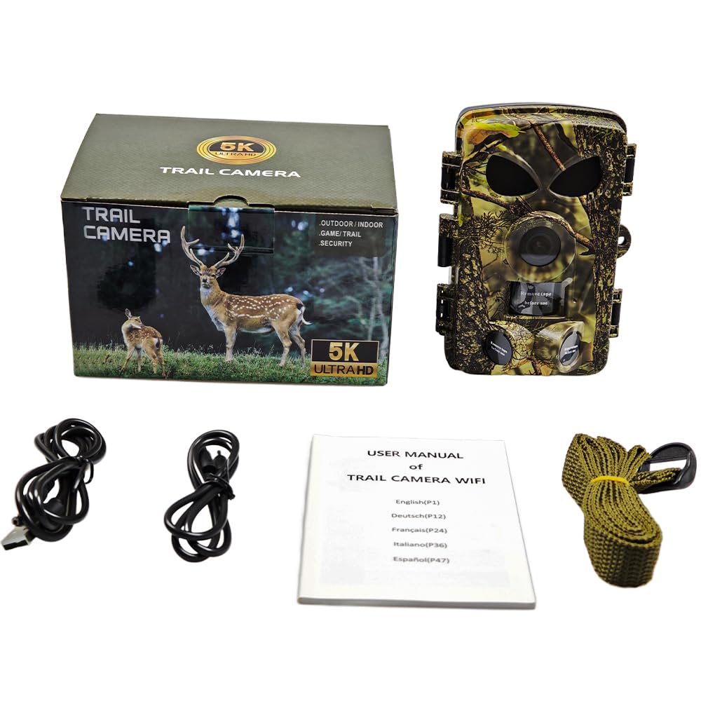 Wildkamera WLAN 5K 60MP mit 32GB Speicherkarte, Nachtsicht, 0.05s Auslöser, IP67 Wasserdicht, 100ft 130° Weitwinkel, 45 Infrarot-LEDs