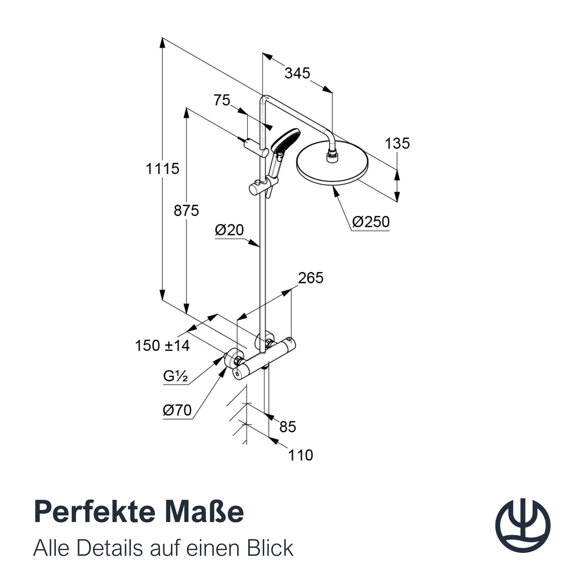 KLUDI -X1 6906705-81 system prysznicowy z głowicą i słuchawką prysznicową, termostatem Dual Shower System, chrom, montaż ścienny, armatura termostatyczna, głowica prysznicowa Ø 250 mm, 3 rodzaje