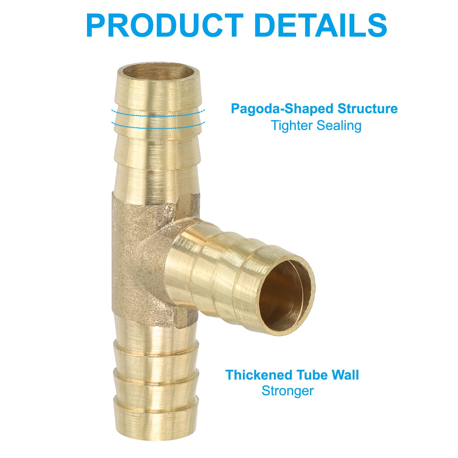 PATIKIL 1/2" Brass Tee Hose Barb Fitting, 3 Ways Union Intersection T Shape Barbed Split for Air Water Fuel Gas Liquid, Golden — view 4