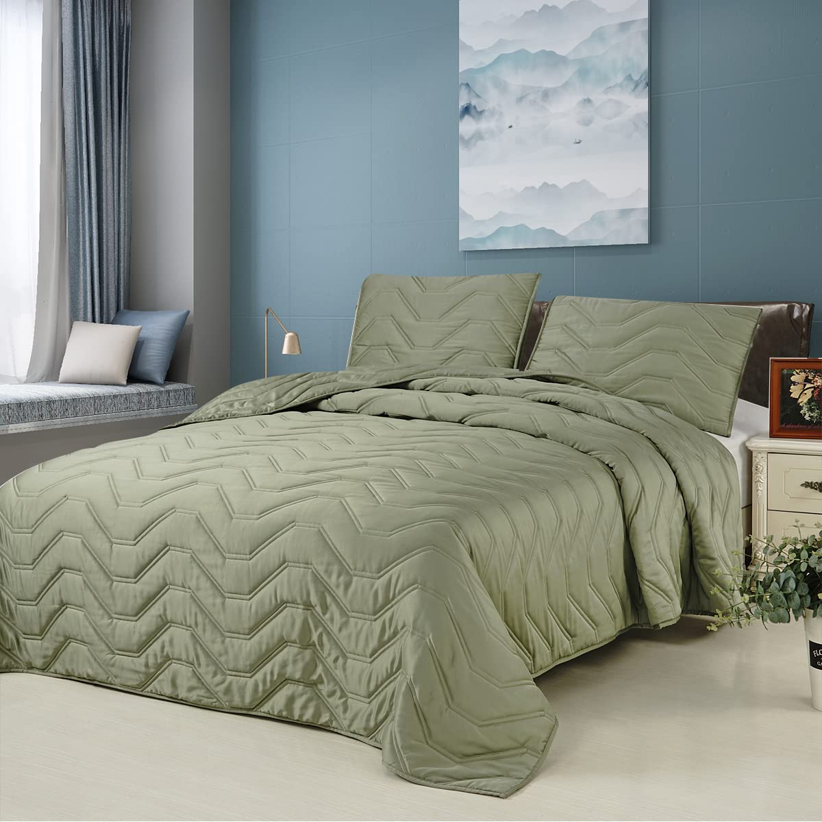 Photo 1 of  GREY NOT GREEN***** DOWN HOME Satin Silky Lightweight 3 Pieces Quilt Set Coverlet Set Modern Classic Quilting Pattern for All Season Super Soft and Silky Full Queen 88x92inch GREYF/Q