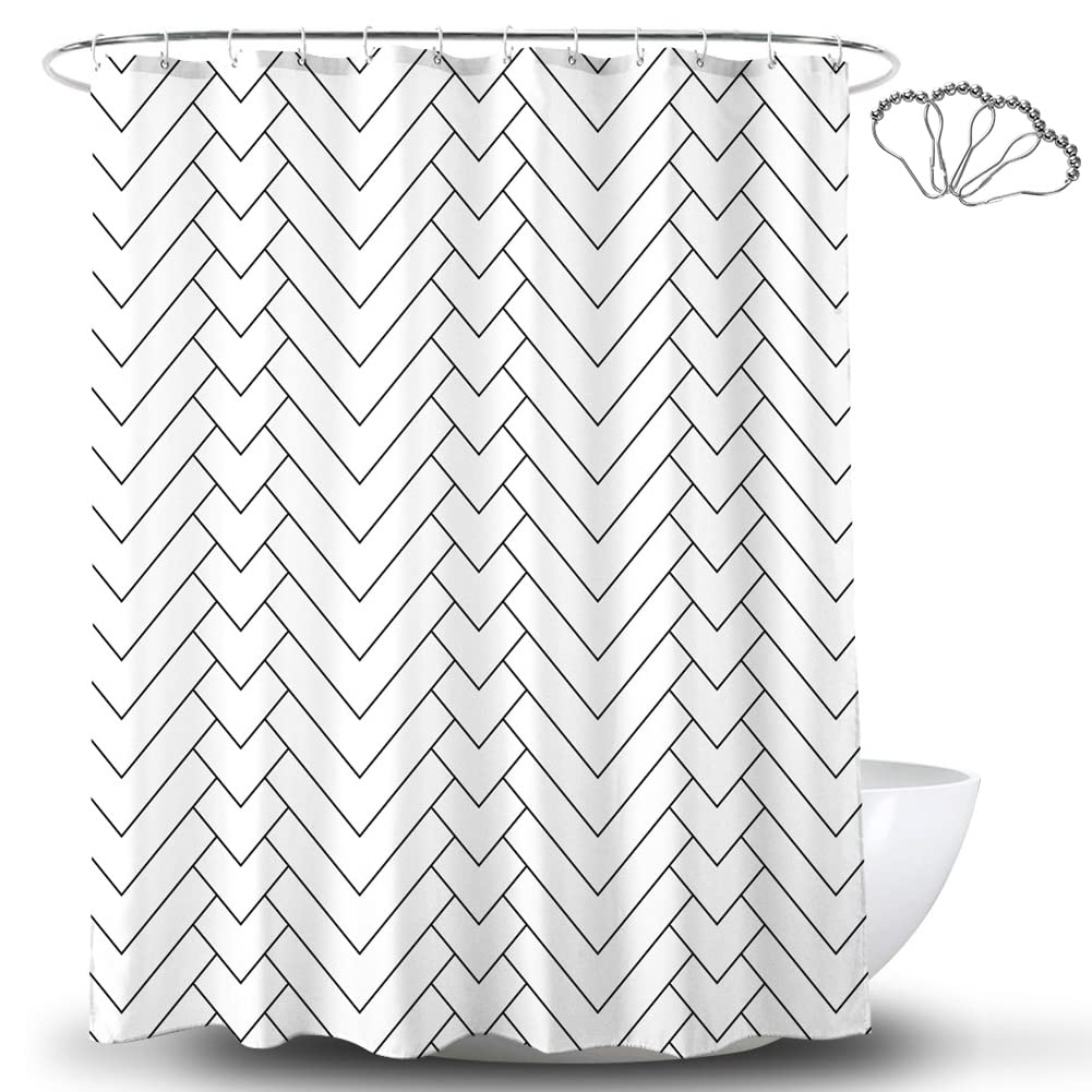 Black and White Shower Curtain Cloth Fabric Geometric Chevron Design with Steel Hooks, Simple Modern Striped White Shower Curtains Bathroom Mould Proof Resistant Waterproof, 180x180 cm
