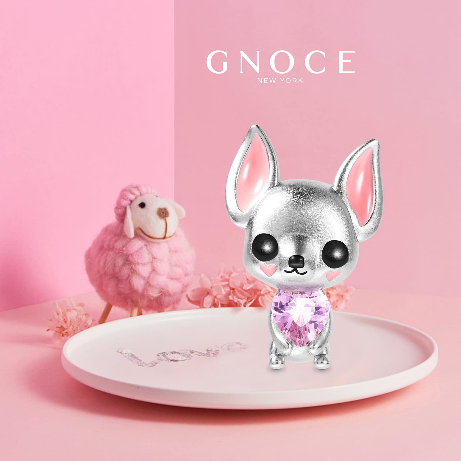 GNOCE Charm Bead Cheshire Cat Hugging Heart Gemstone Charm 925 Sterling Silver Black Pulsera Collar Joyería Regalo para mujeres