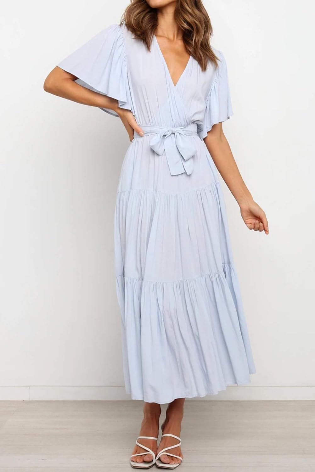 R.Vivimos Summer Dress for Women Cotton Ruffle Short Sleeves V Neck Casual Flowy Midi Dress with Belt - Image 4