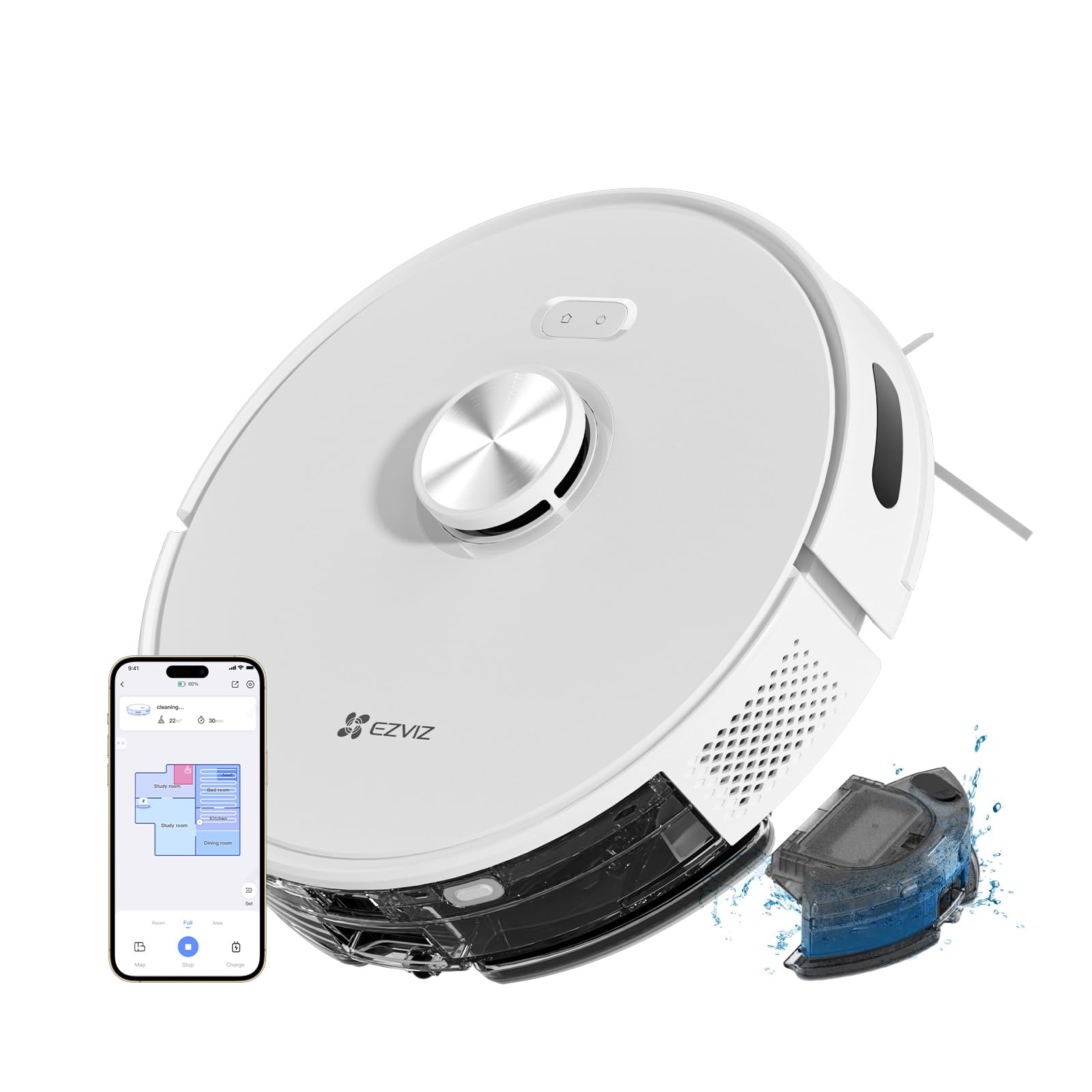 EZVIZ RE5 Plus Robot Aspirateur Laveur avec Station Vidange Automatique Poussière, Navigation LiDAR, Détection Obstacles, Aspiration 4000Pa, Tapis et Poils d'animaux, 300 m², Contrôle APP/Alexa