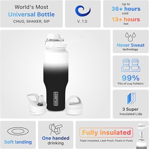 Miniatura 4 de COLDEST - Botella deportiva de 3 tapas (con pico, con pitillo y con asa), vaso con aislamiento al vacío, de acero inoxidable, se adapta a la tapa