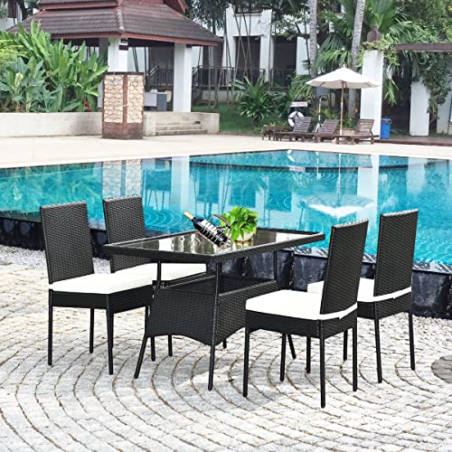 Toolsempire 5 Pieces Patio Wicker Dining Set Outdoor Furniture, Outdoor Rattan Table And Chairs With Tempered Glass Table-Top & Padded Cushions, Patio Furniture Sets For Backyard, Balcony(Black) #TOP7