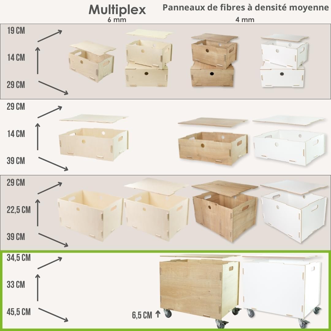 Caisse avec roulettes et couvercle 45,5x34,5x39,5cm (Bois MDF) - Caisses de rangement avec Poignées - Bac de rangement pour livres, jouets, chambre d'enfant, bureau (Coffre en bois blanc)