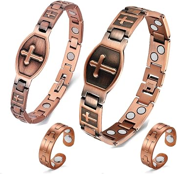 Copper Bracelets for Women Men Pure Copper Magnetic Bracelet & Ring with Adjustable Sizing Tool Cross