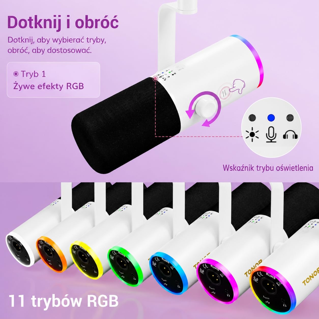 TONOR Dynamiczny mikrofon do gier, mikrofon XLR/USB do strumieniowego przesyłania, redukcja szumów AI, sterowany RGB, wyciszenie, gniazdo słuchawkowe 3,5 mm, mikrofon z ramieniem szubienicowym, biały