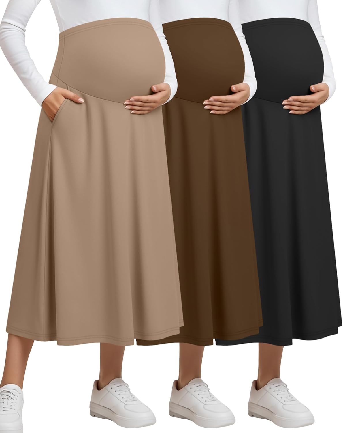 Sweetyweee 3 Pack Women's Maternity Maxi Long Skirts Pockets Over The Belly High Waisted Ankle Length Pregnancy A-line Skirts