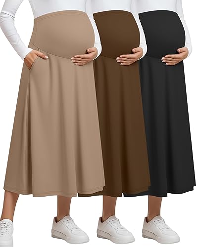 3 Pack Women's Maternity Maxi Long Skirts Pockets Over The