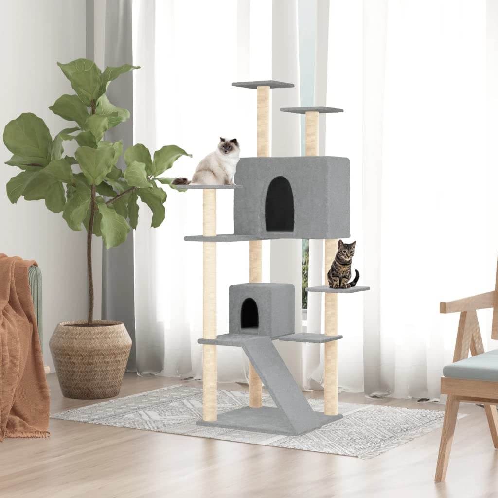 Kratzbaum 153 cm hoch mit 2 Katzenhöhlen und Sisal-Kratzsäulen, Katzenturm mit Leiter und weichen Liegeflächen, Stabiler Kletterbaum für Wohnungskatzen, Holzwerkstoff, Hellgrau