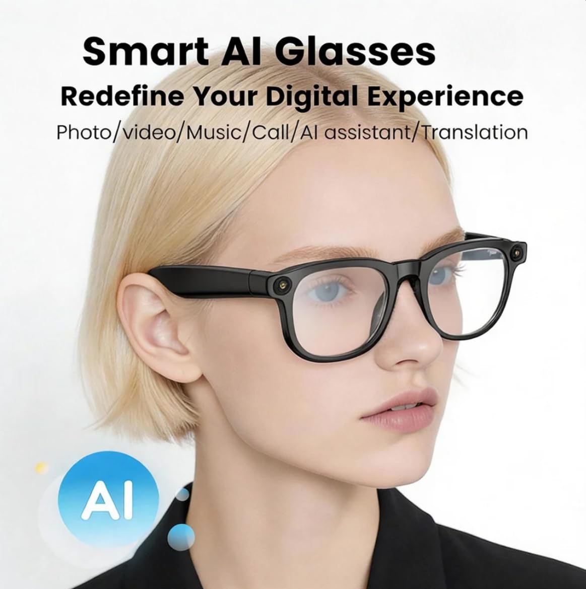 REEDTOCK Occhiali intelligenti AI con fotocamera, registrazione video HD 1080P, occhiali con fotocamera Bluetooth, cancellazione del rumore, assistente vocale, traduzione, montatura TR90, per esterni