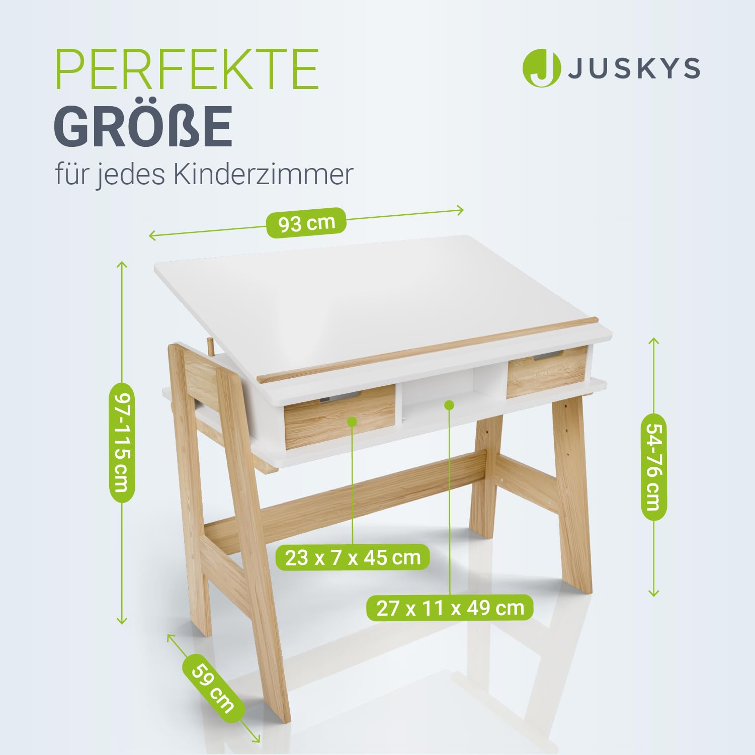 Juskys Escritorio para niños Fietje Plus – Altura ajustable, tablero inclinable, 2 cajones, material robusto y antiarañazos, amplio espacio de almacenamiento