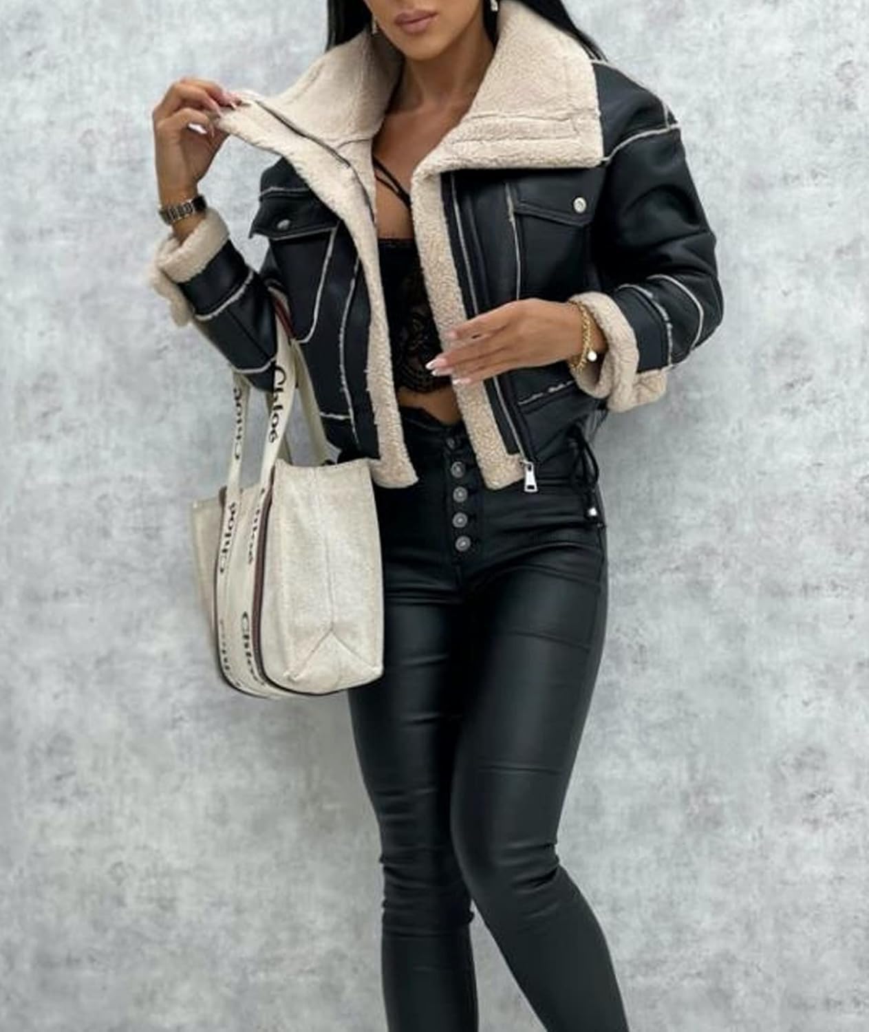 Chaqueta de Bombardero de Moto de Corte sintético para Mujer Abrigo Forrado de Sherpa Abrigo de Cuero de Aviador de Invierno Prendas de Abrigo