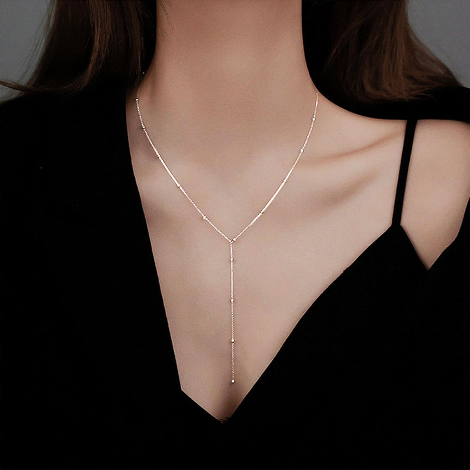 Vintage Long Chain Drop Y Necklace Long Ball Chain Necklace Boho Chian Y Lariat Necklace Silver Thin Chian Choker Necklace Jewelry for Women - Image 2