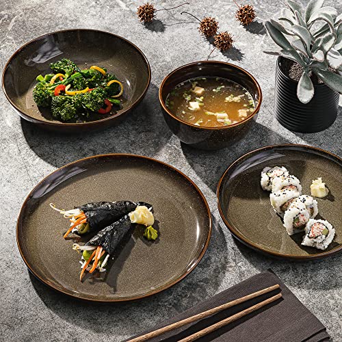 Image of Gibson Elite Edwina 16-Piece Double Bowl Dinnerware Set, Service for 4 - Dark Green Stoneware Plates and Bowls