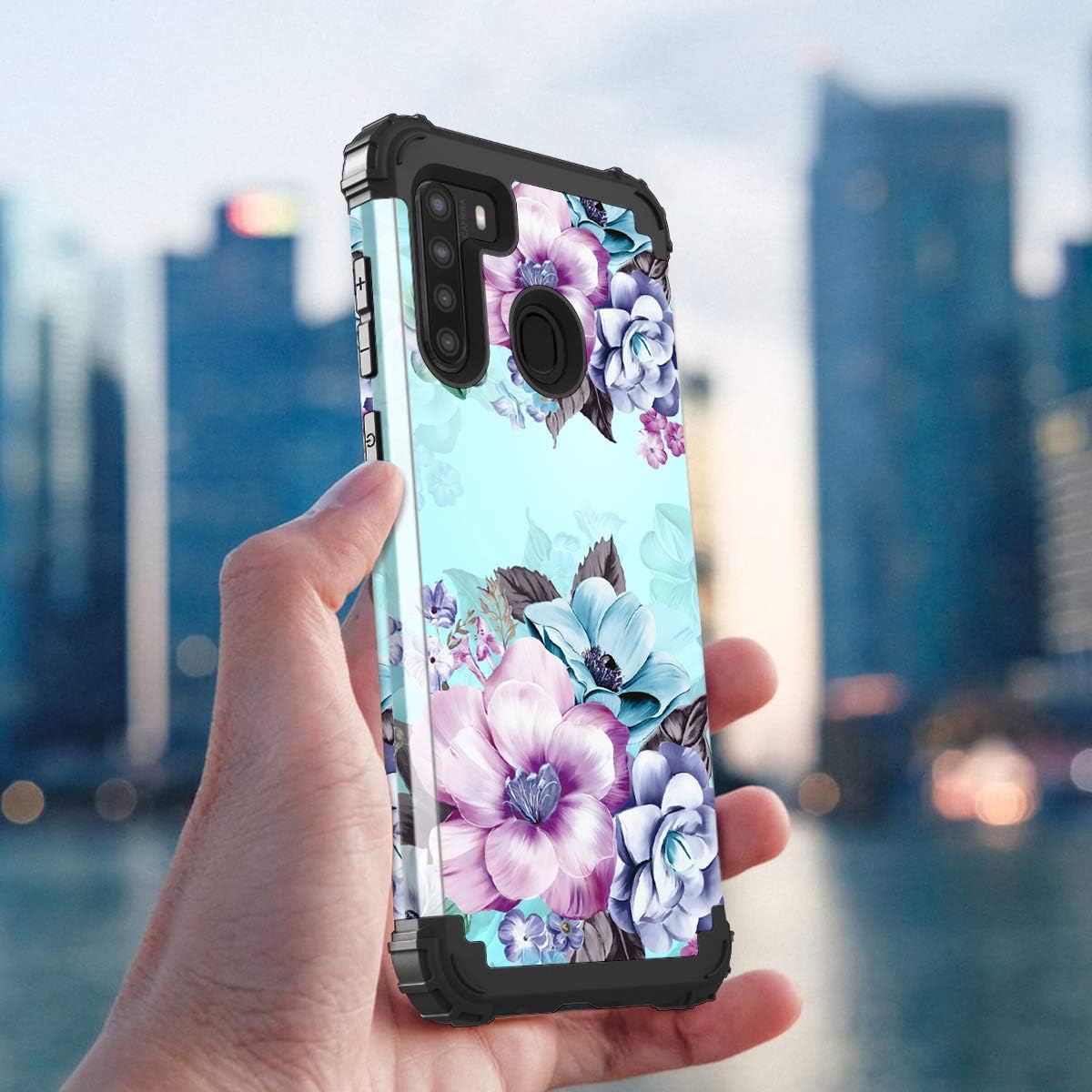 Casetego Compatible with Galaxy A21 Case,Floral Three Layer Heavy Duty Sturdy Shockproof Full Body Protective Cover Case for Samsung Galaxy A21,Blue Flower.