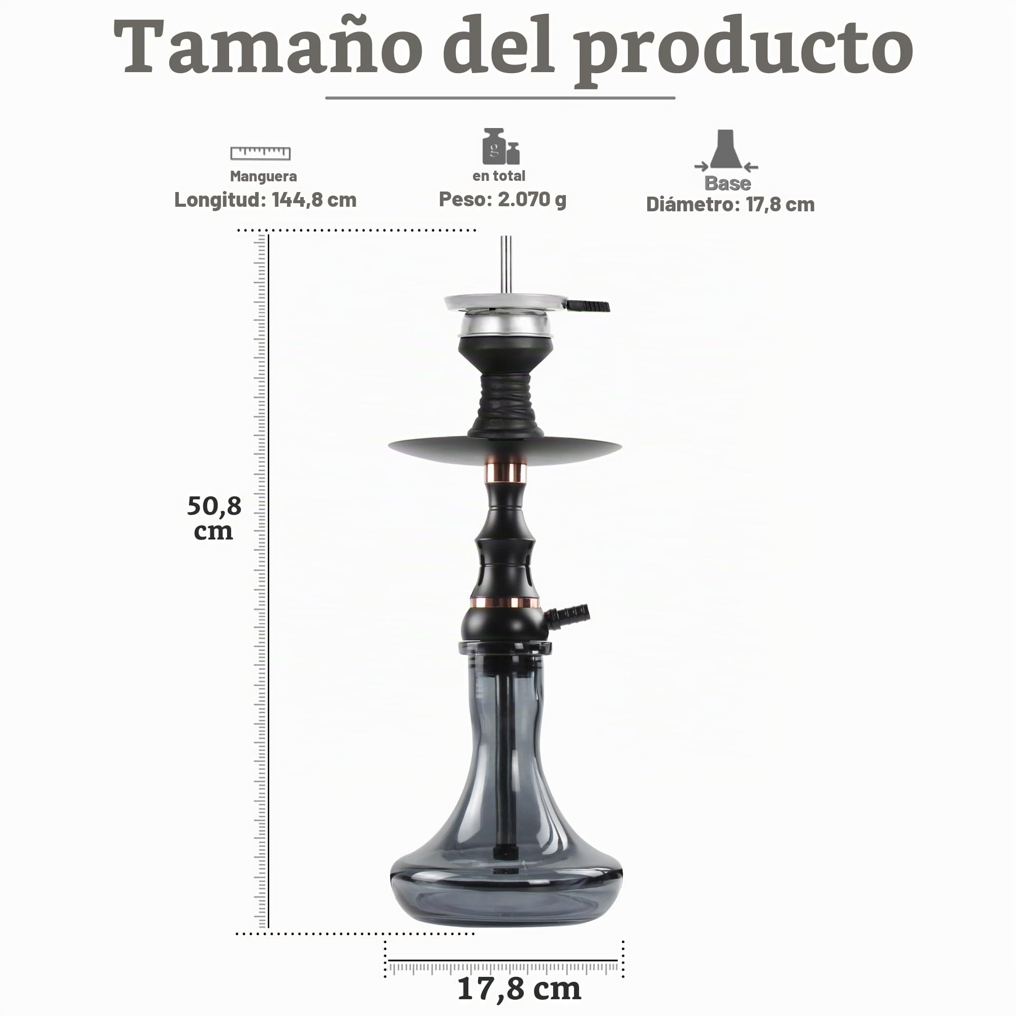 Glass Hookah Set completo con todo de aleación de aluminio con difusor Manguera de silicona lavable Caucho Chisha Bowl Dispositivo de gestión de calor Pinzas de carbón(Negro)