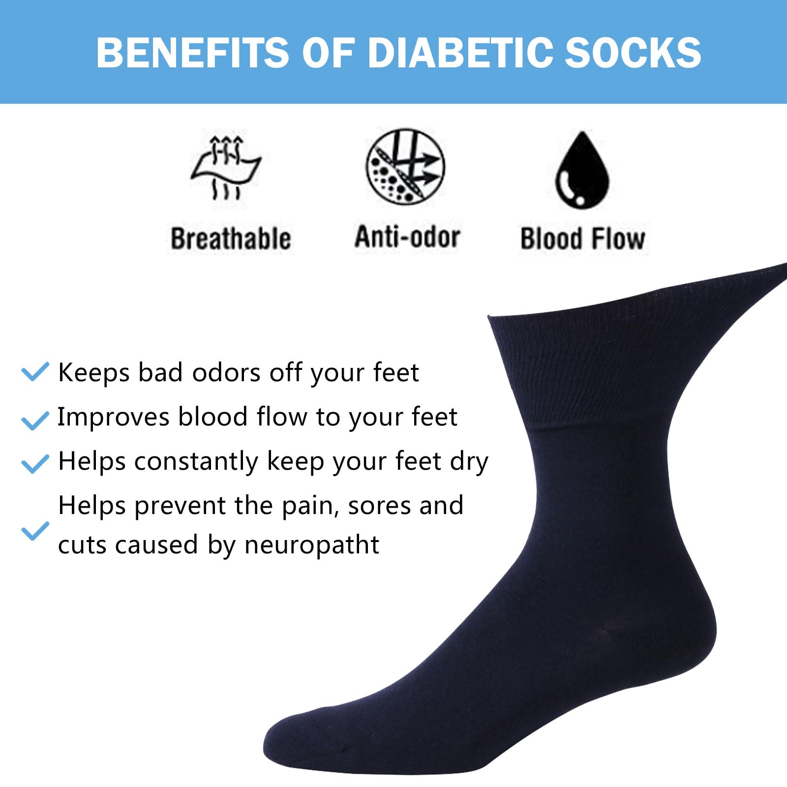 Forcool Calcetines para diabéticos de algodón sin ataduras para hombres y mujeres, M/L/XL, 3/6 pares
