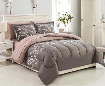 Marina Decoration Ultra Soft Luxury Fluffy Goose Down Alternative Bed in a Bag Bedding Printed 7 Piece Comforter Set Includes 4 Piece Sheet Set, Taupe Floral Paisley Pattern Queen Size