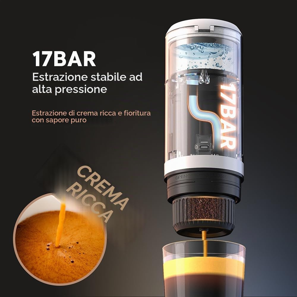 3-in-1 Macchina da caffè portatile senza funzione di riscaldamento, Macchina da caffè elettrica, 17 bar Mini macchina da caffè per NES PRESSO/DolceGusto Pads e caffè macinato per il viaggio
