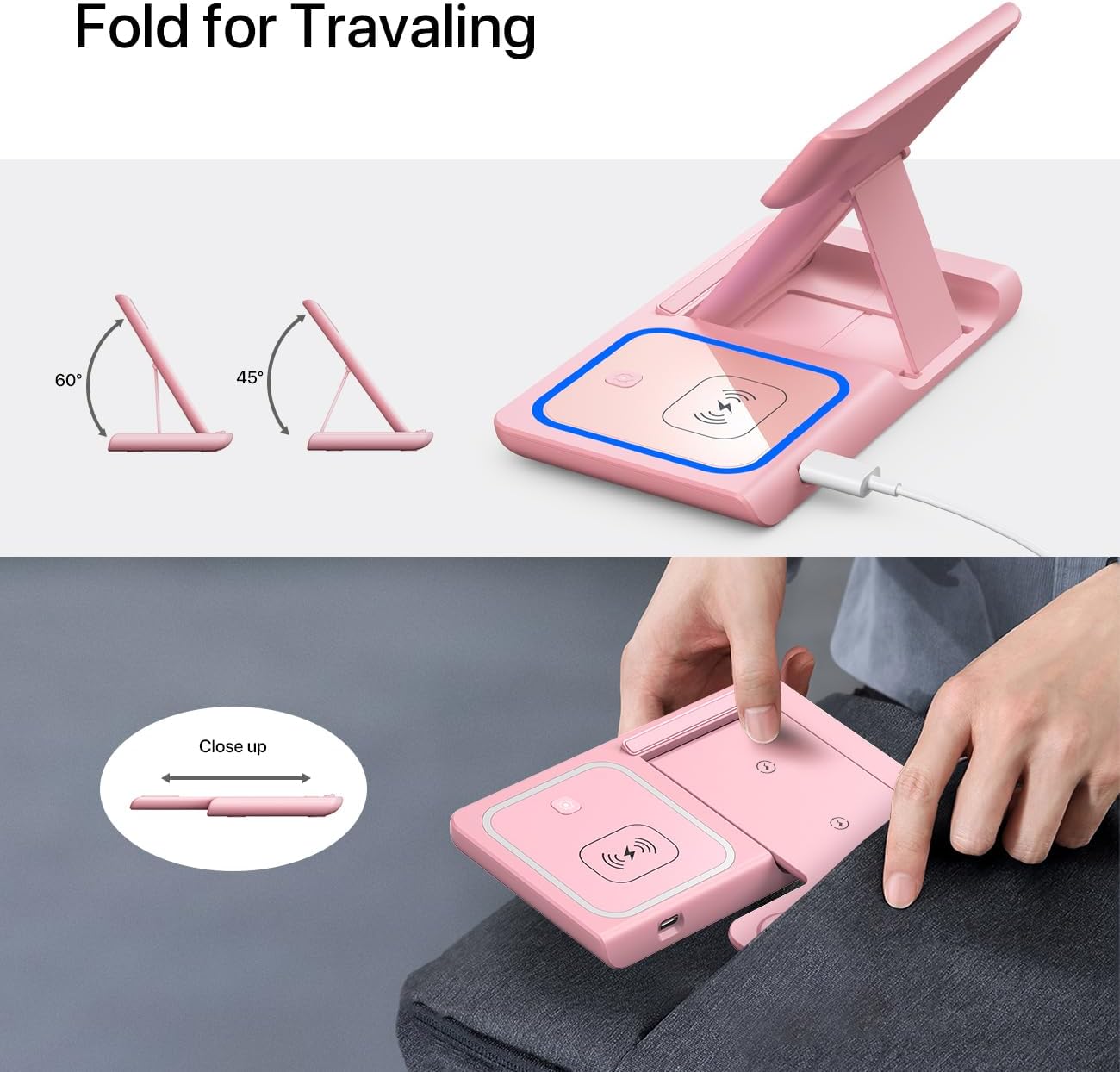Wireless Charger for iPhone, Wireless Charging Station for Multiple Devices Apple, 3 in 1 Wireless Charger Stand Compatible with Apple Watch, iPhone & AirPods, Wireless Charging Pad with Adapter(Pink)