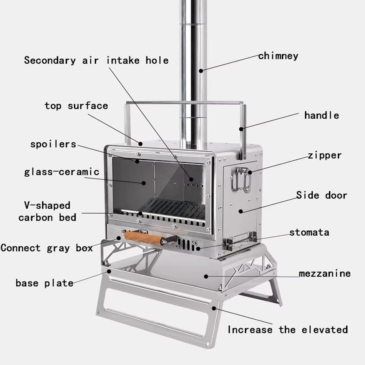 Réchaud de camping portable – Cheminée à bois en acier inoxydable avec grille de feu, idéal pour le chauffage de la maison, le barbecue, la randonnée et la pêche sur glace