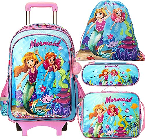 Egchescebo Kids Rolling School Backpack Bags for Girls and Boys School With Wheels Trolley Roller Wheeled 5PCS With Lunch Box Cute Mermaid Pattern Magic Color Backpacks Bags for Boys and Girls Blue