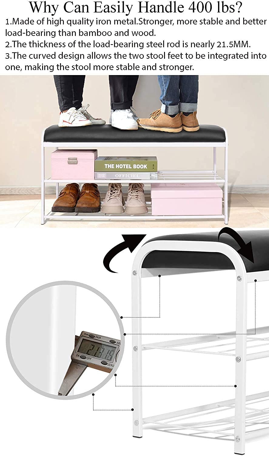 INDIAN DECOR. 45406 Shoe Bench Rack Entryway with Faux Leather Seat, 2 Tiers Shoe Shelf Industrial Stand End Bed Stool for Hallway Bedroom Living Room Corridor - White - Made in India! 1
