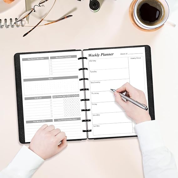 (2-Pack) Weekly Planner Undated Refills - Junior Size 106 Sheets/212 Pages Weekly Planner for 8-Disc Discbound, 100 gsm White Paper, Lasts 1 Year, Undated, 5.8