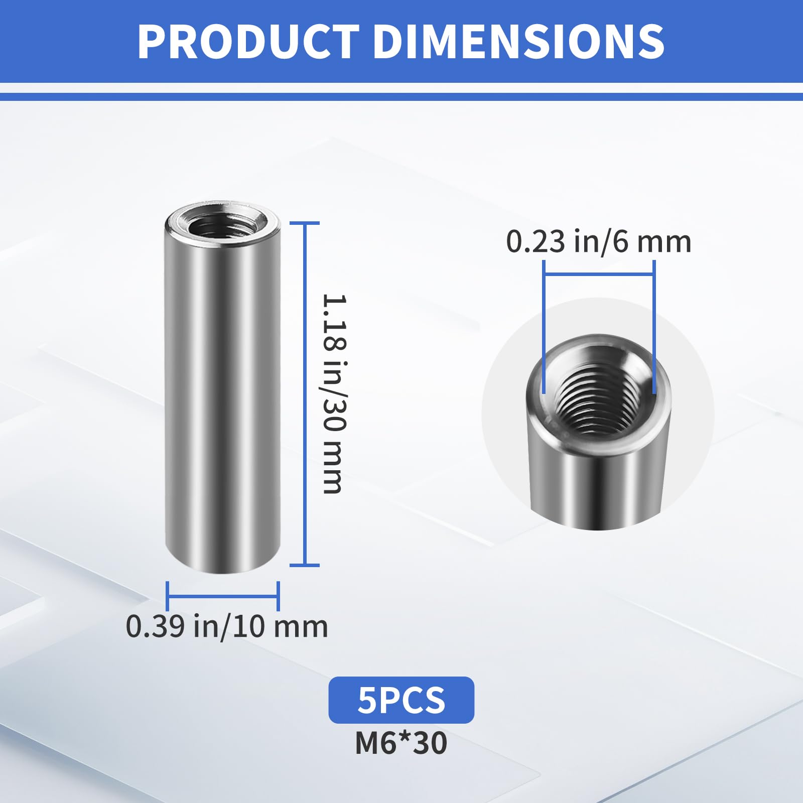 Manicotti filettati rotondi M5 × 30 mm, 5 pezzi manicotti rotondi in acciaio inox 304, dadi lunghi (M6 x 30 mm)