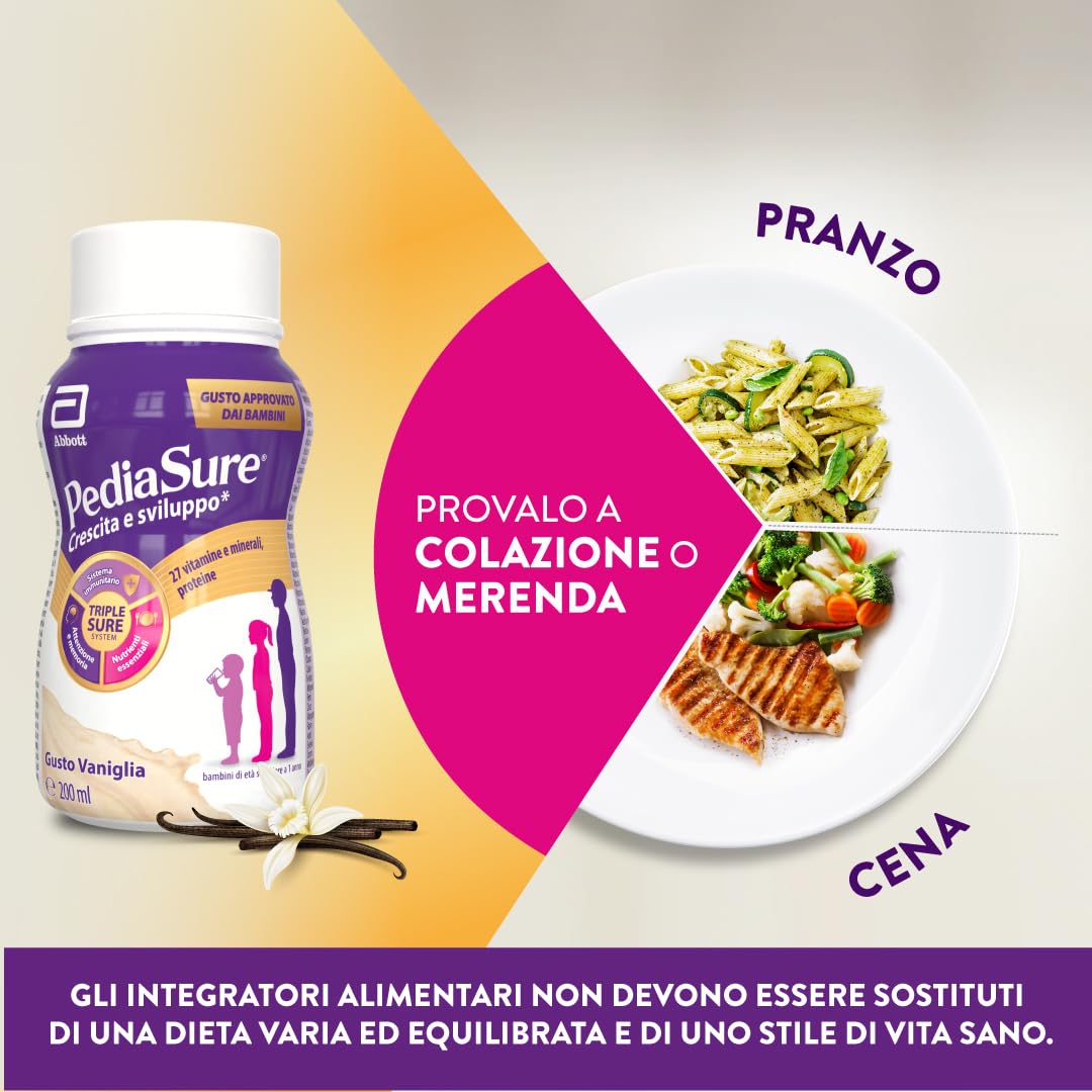 Pediasure Crescita e Sviluppo Drink, Integratore Bambini con Vitamine, Minerali, Proteine, per Difese Immunitarie, Concentrazione e Memoria, Formato Liquido 200 ml x 4 Pronto da Bere | Gusto Vaniglia