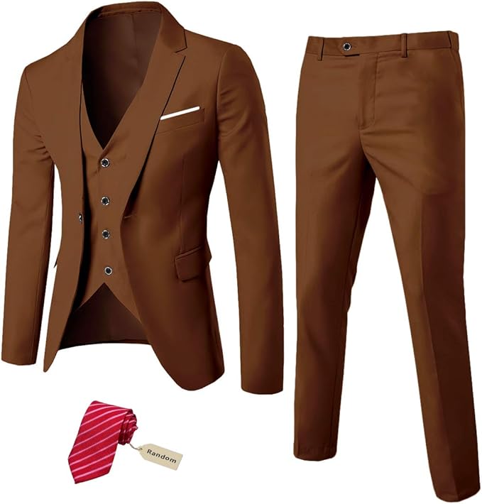 MYS Men's 3 Piece Slim Fit Suit Set, One Button Solid Jacket Vest Pants with Tie Natural White