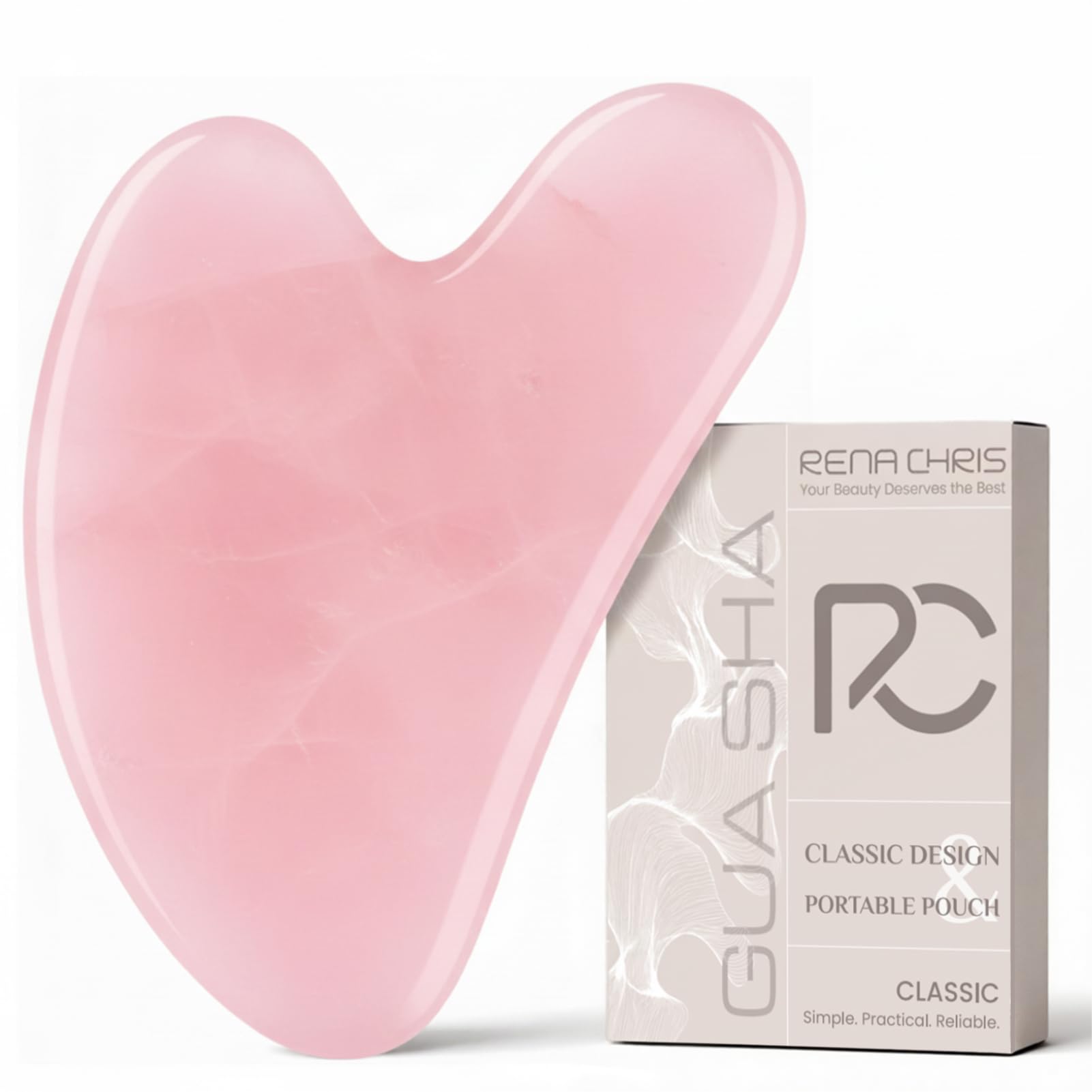 Rena Chris Gua Sha Facial Tools: Rose Quartz Guasha Tool for Face Acupuncture Therapy, Facial Massager for Jawline Sculpting and Puffiness Reducing (Pink)