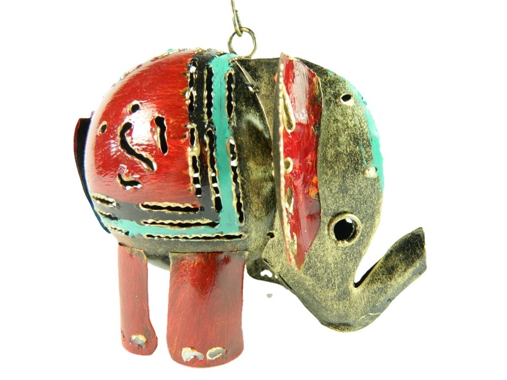 Hanging Metal Elephant Tealight Holder, Red - Approx. H10cm x L15cm x W10cm - Handmade Elephant Ornament for Indoor & Outdoor Use - Decorative Candle & Cone Incense Burner - Unique Garden & Home Gift
