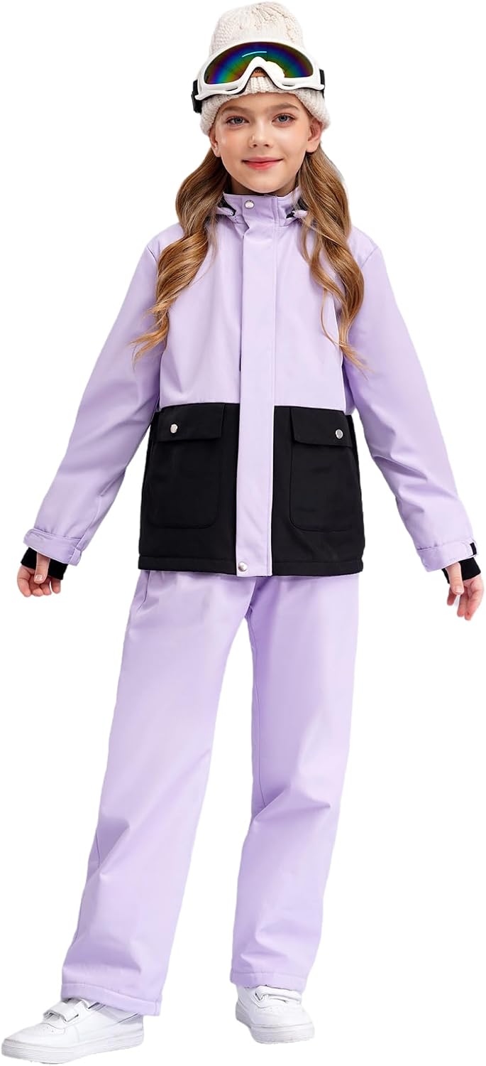 Freebily Kids Girls Ski Suit Snowsuits Long Sleeve Jacket Hooded Coat Outerwear with Pants Snow Skiing Snowboarding