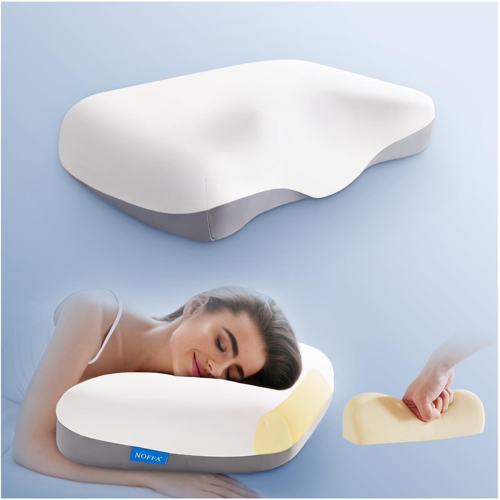 NOFFA Almohada Cervical Almohada Cervicales y Cuello Firmeza Ajustable Almohadas de Espuma Viscoelastica Ergonómico Soporte Cervical para Dormir 65 x 35 x 11.5 cm