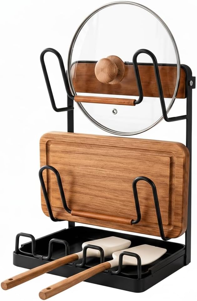 Kitchen Pot Lid Storage Rack,Carbon Steel U-Shaped Double Layer Holder & Spoon Rest with Removable Drip Tray Fit for 7.5"-14",Space Save Kitchen Pot Lid Organizer for Cutting Board,Ladles,Pan Cover