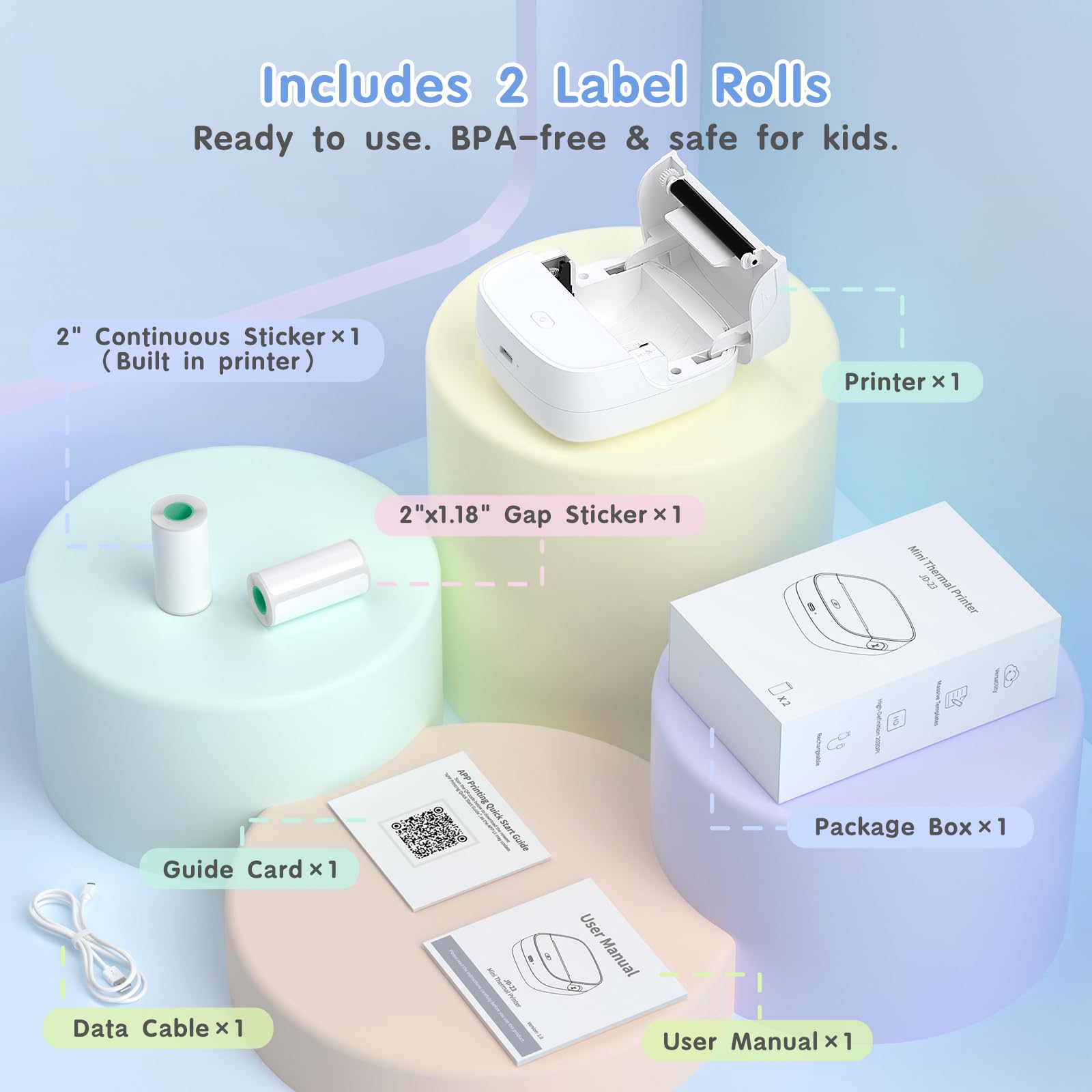 Gloryang Stampante per adesivi, mini stampante termica Bluetooth con 2 rotoli di nastro di carta, etichettatrice tascabile portatile con app intelligente per telefono e tablet, bianca