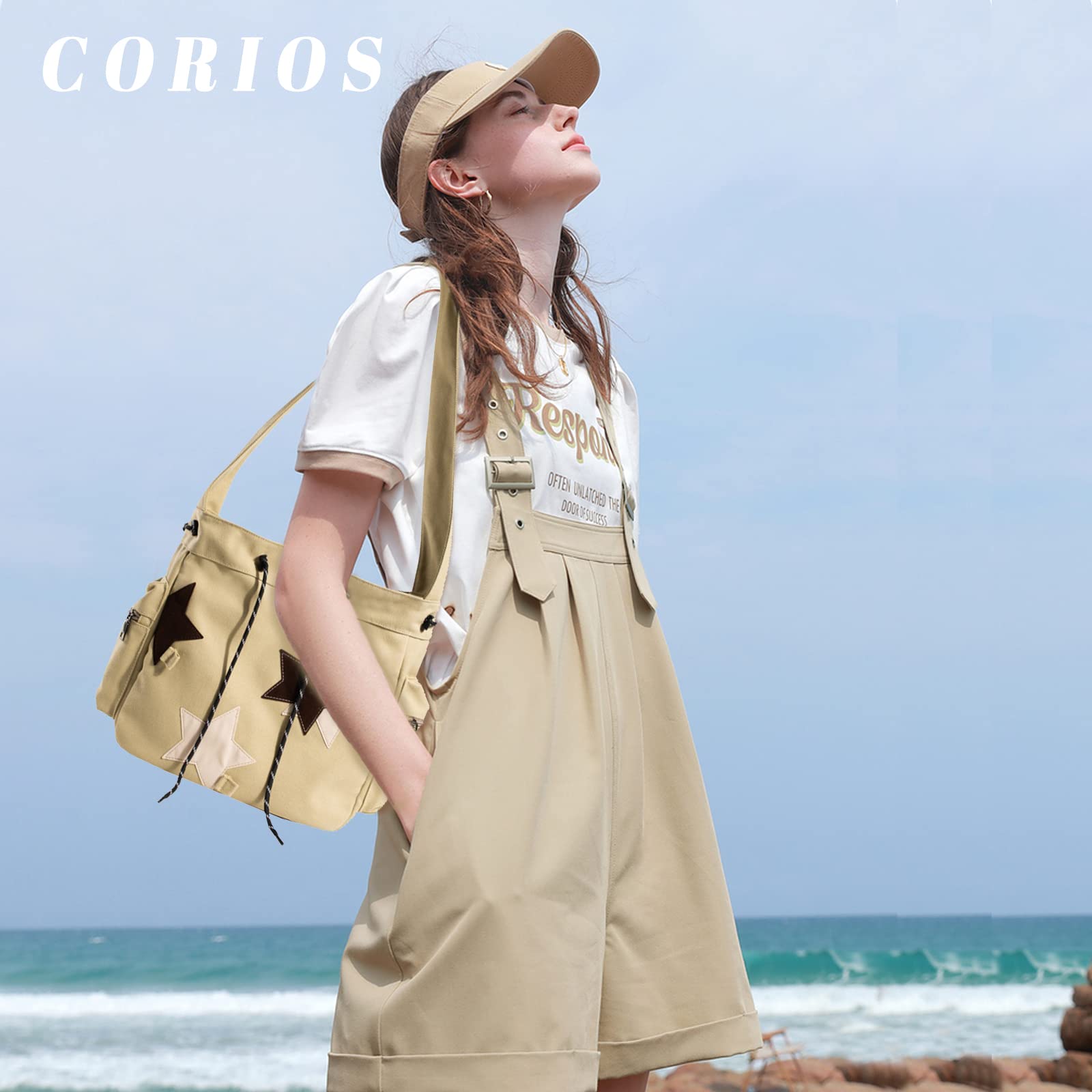 Canvas Schultertasche Kordelzug Handtasche Große Kapazität Henkeltaschen Casual Umhängetasche Mode Tragetasche Multifunktionale Tote Beutel Arbeit Reise Shopper Henkeltasche Khaki