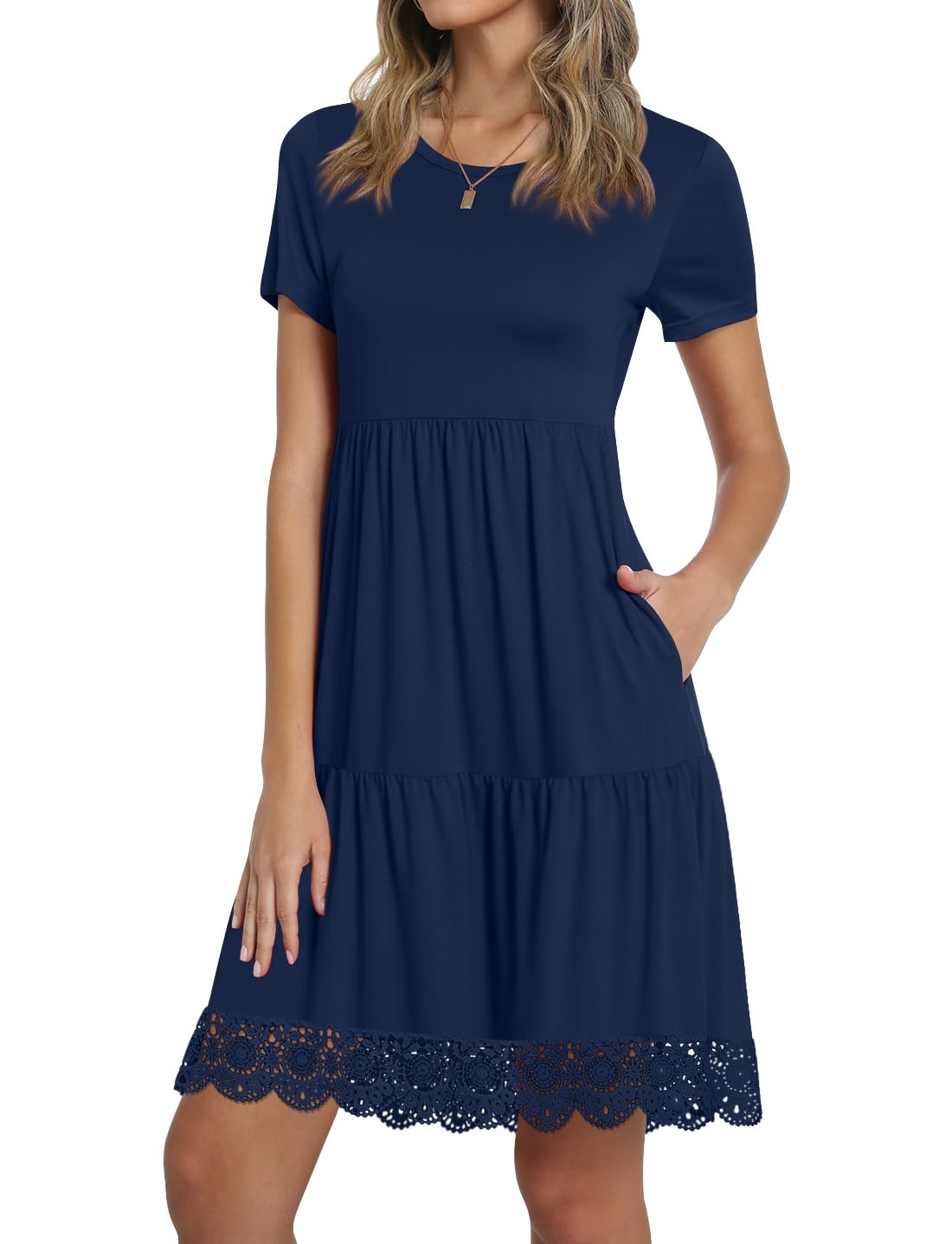 TAOHUADAO Women's Summer Casual Tshirt Dresses Short Sleeve Ruffle Swing Lace Hem Dress with Pockets