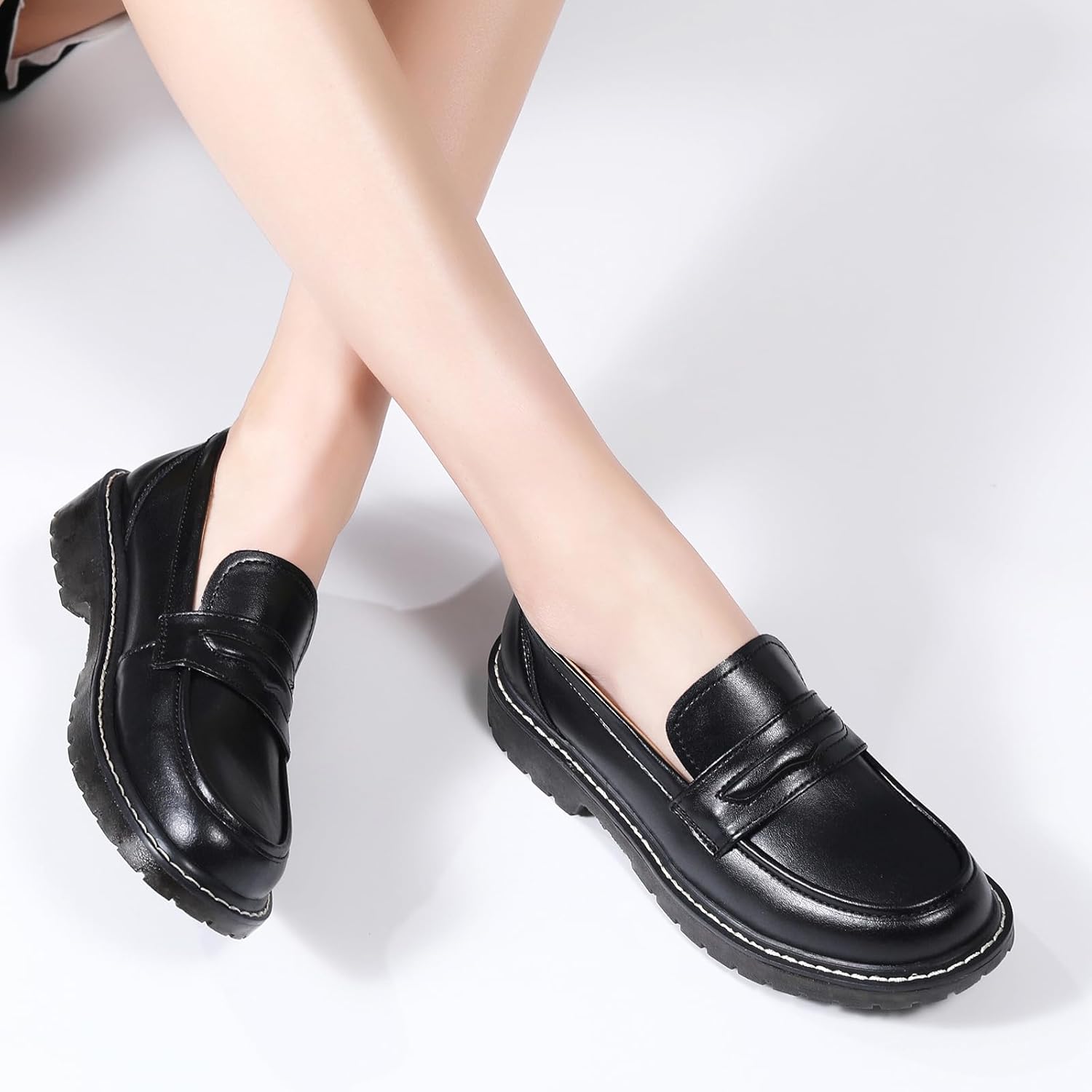 XMM Black Loafers for Women Chunky Loafer Shoes Penny Loafers Flats Lug Sole Lightweight Slip On Ladies Shoes Business Casual Dressy Comfortable Office Shoes - Image 4