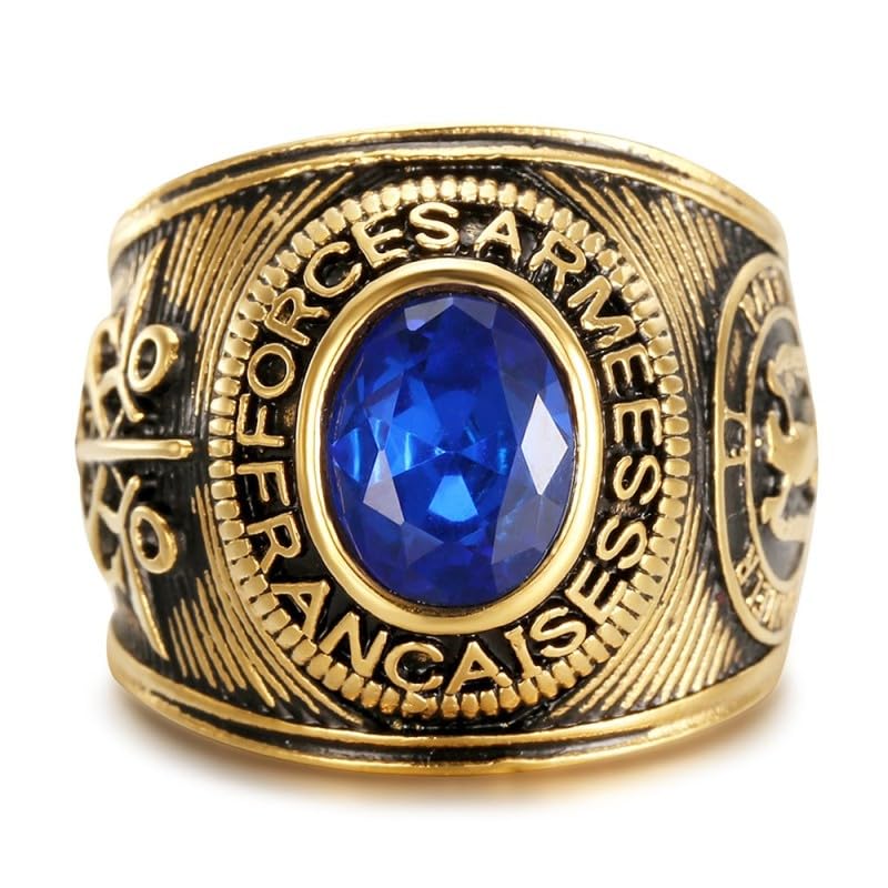 BOBIJOO Jewelry - Chevalière Universitaire Forces Armées Françaises Acier Inoxydable Doré Noir Pierre Bleue réplique Saphir Honneur et Patrie - 60 (9 US)