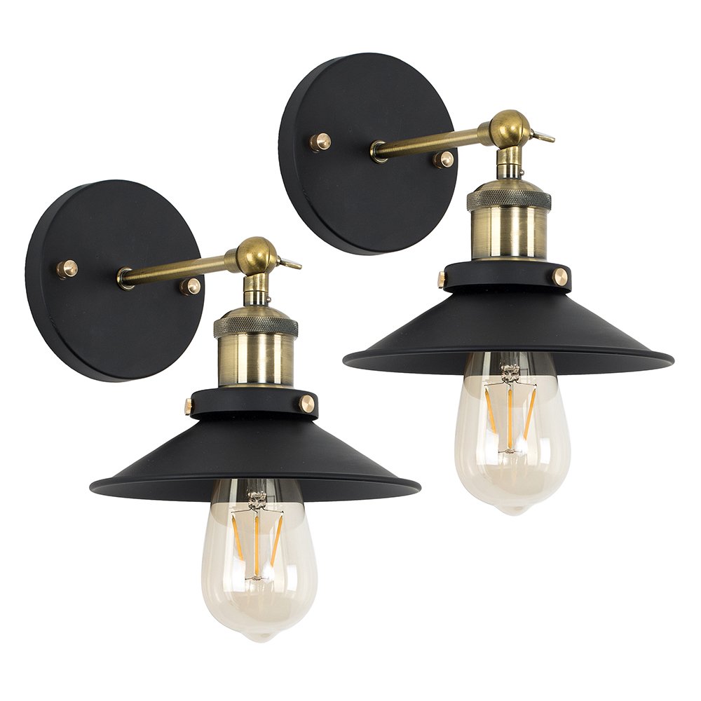 Minisun Pair | Industrial Steampunk Style Black And Antique Brass Wall Lights With Tapered Shades | Wall Lamps & Sconces, Home Décor & Improvement Essential | Set Of 2 | Mains Wired