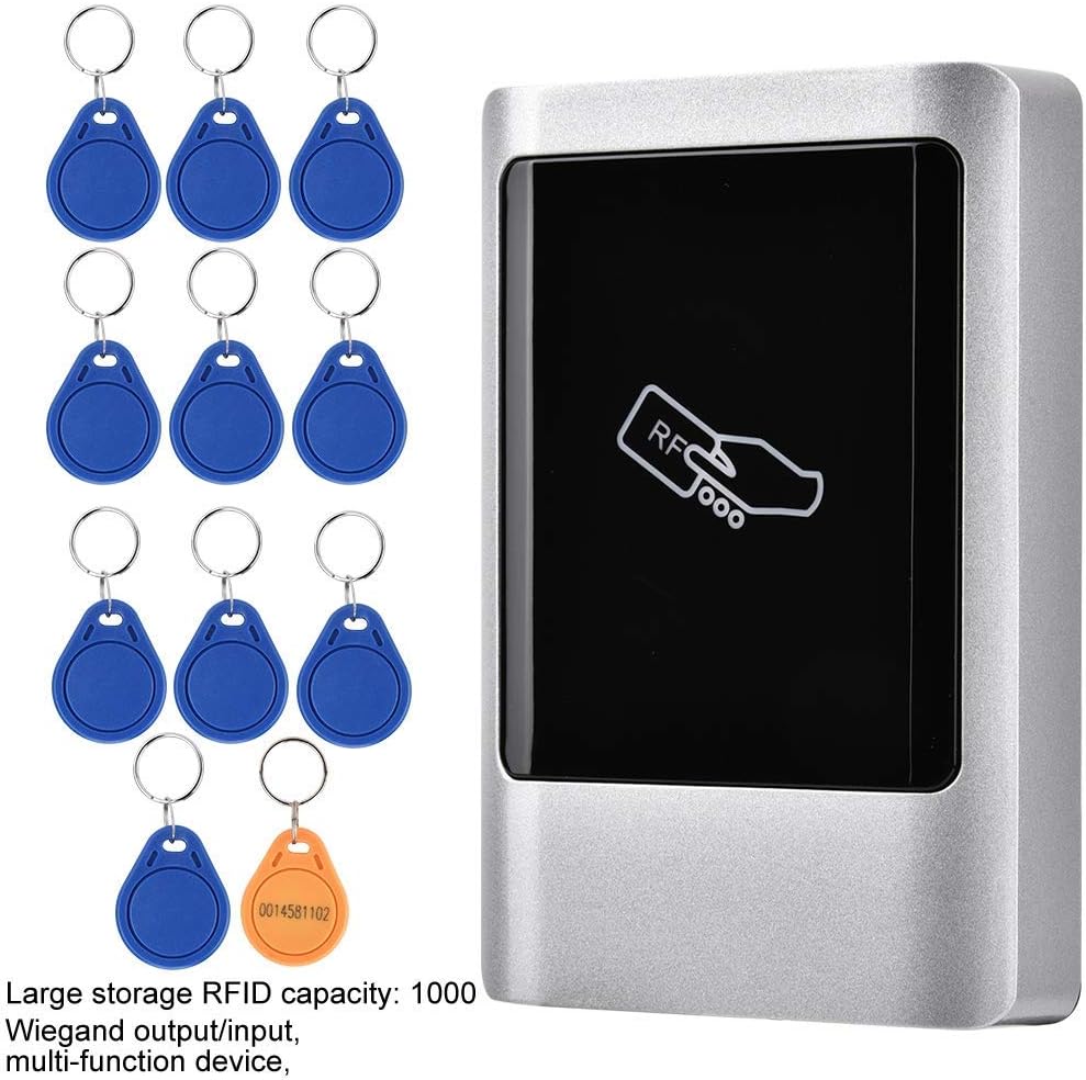 ASHATA RFID reader with multiple blue RFID key fobs, indicating its capacity to manage many users.