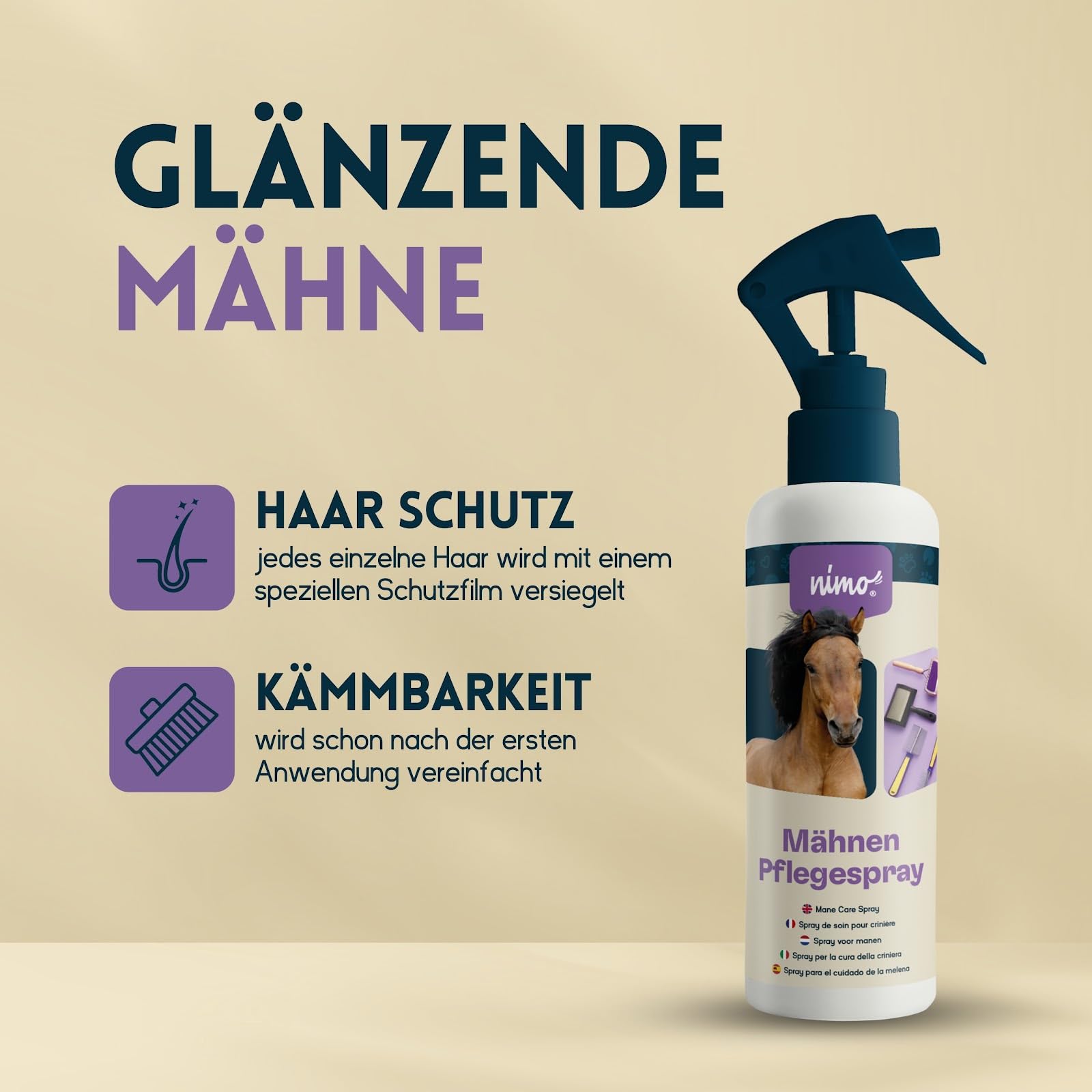 nimo® Spray de cuidado para crines, para caballos y ponis, spray para cola y melena, fácil de peinar, desenredar, cuidado de crines, cuidado de la cola, aporta brillo