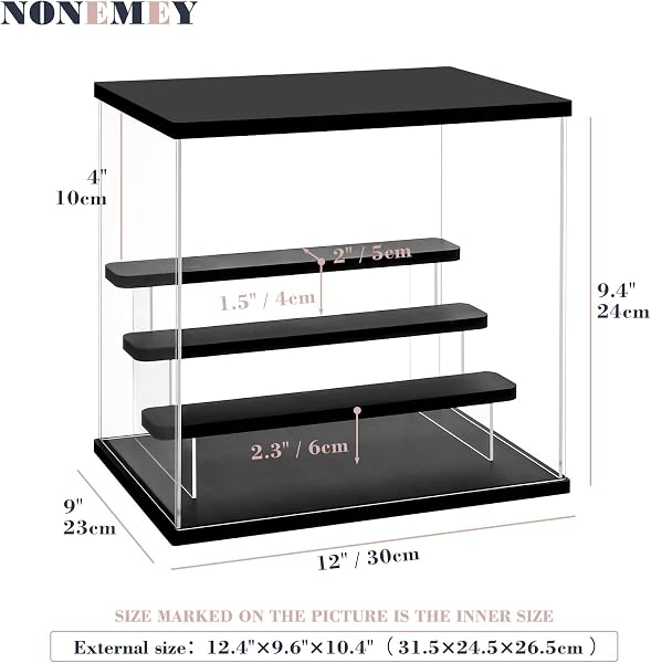 Nonemey Vitrina Expositora Transparente con Luz Led,2/3/4/5/6 Niveles Cajas de Metacrilato de Almacenaje,Antipolvo Caja Organizadora,Vitrina Acrílica para Colecciones (Negro, 4Tier-31.5*24.5*26.5 cm) - 3