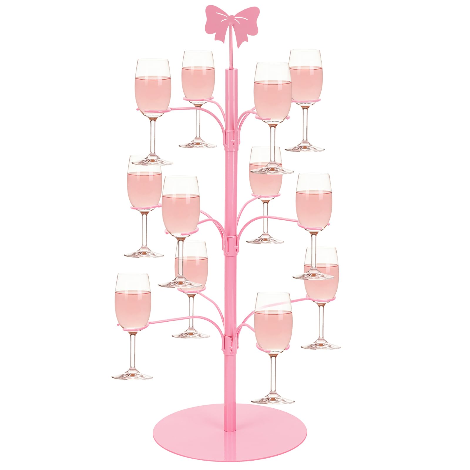 3-Tier Cocktail Tree Stand, 12 Slots Metal Wine & Champagne Glass Holder with Party Topper – Cup Organiser for Birthday, Wedding, Graduation & Holiday Decor (Pink Bow)