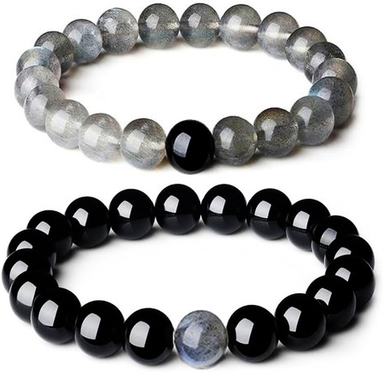 Distance Couple Bracelets Relationship Bracelet for Love Infinity Labradorite and Black Agate Gemstone His and Hers Bracelets (2pcs) (Grey &Black)